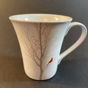 222 Fifth Winter Cardinal Mug 8 oz White Porcelain Silver Trees Red Cardinal HTF